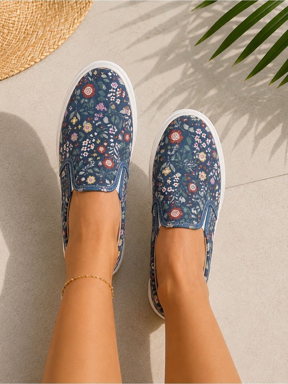 Serra Navy Floral Slip-On Sneakers with Multicolor Blooms Boho Chic